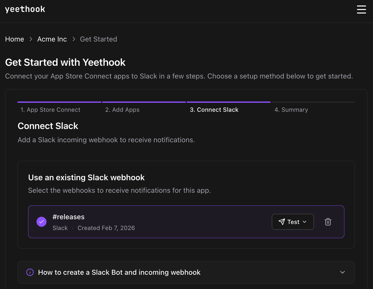 Yeethook Slack integration — connect channels to receive events